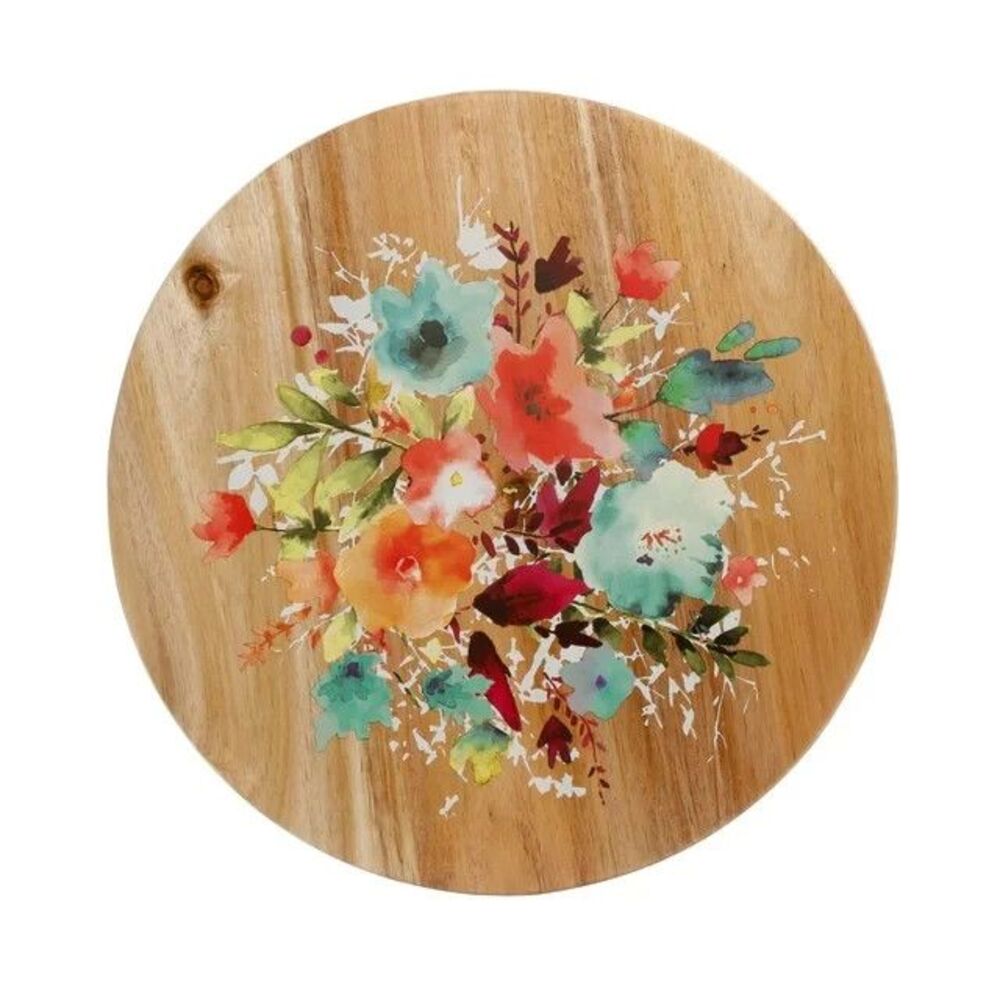 Pioneer Woman Willow Lazy Susan Revolving Food Server Floral Wood Turntable 12in